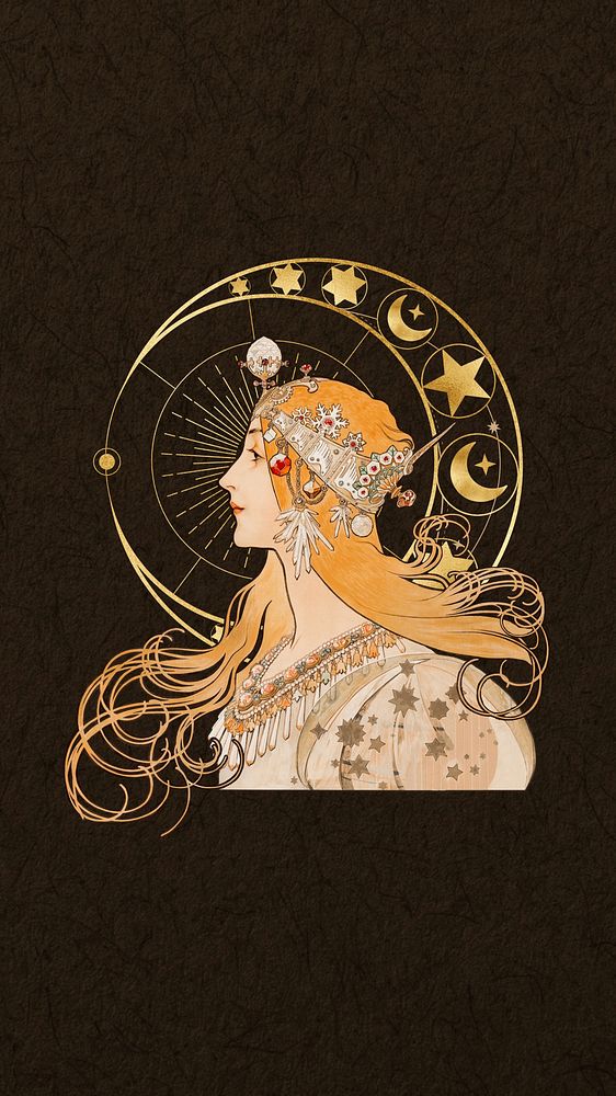 Alphonse Mucha's Zodiac iPhone wallpaper, vintage woman background, remixed by rawpixel