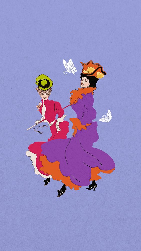 Colorful Victorian women iPhone wallpaper, vintage purple background, remixed by rawpixel