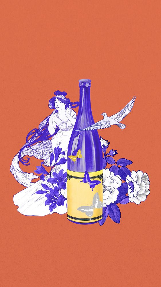 Vintage wine bottle iPhone wallpaper, Music (from Les Arts) by Alphonse Mucha background, remixed by rawpixel