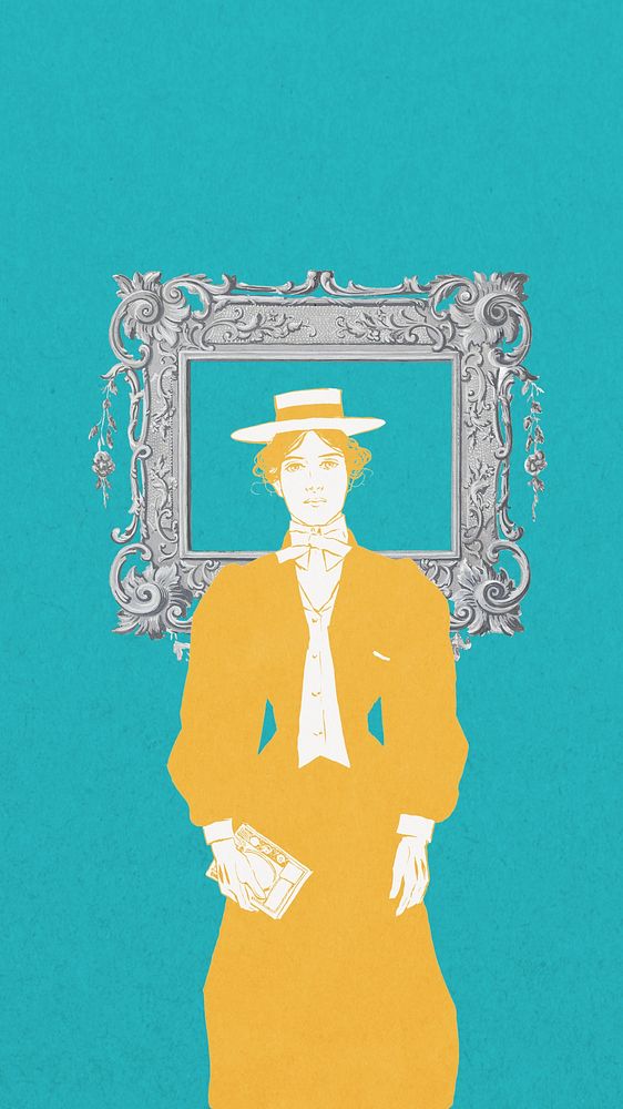 Victorian woman scholar mobile wallpaper, blue vintage background, remixed from the artwork of JJ. Gould, Jr.