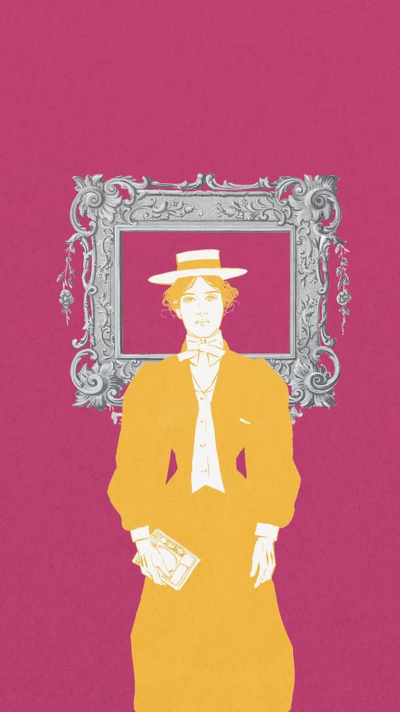 Victorian woman scholar mobile wallpaper, pink vintage background, remixed from the artwork of JJ. Gould, Jr.
