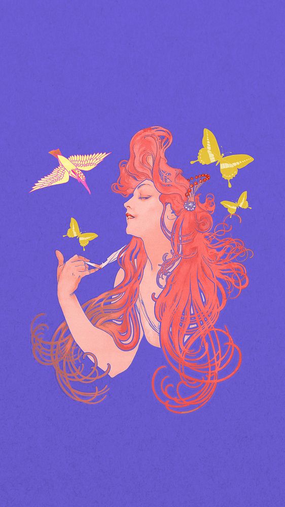 Vintage nature goddess mobile wallpaper, art nouveau background, remixed from the artwork of Alphonse Mucha