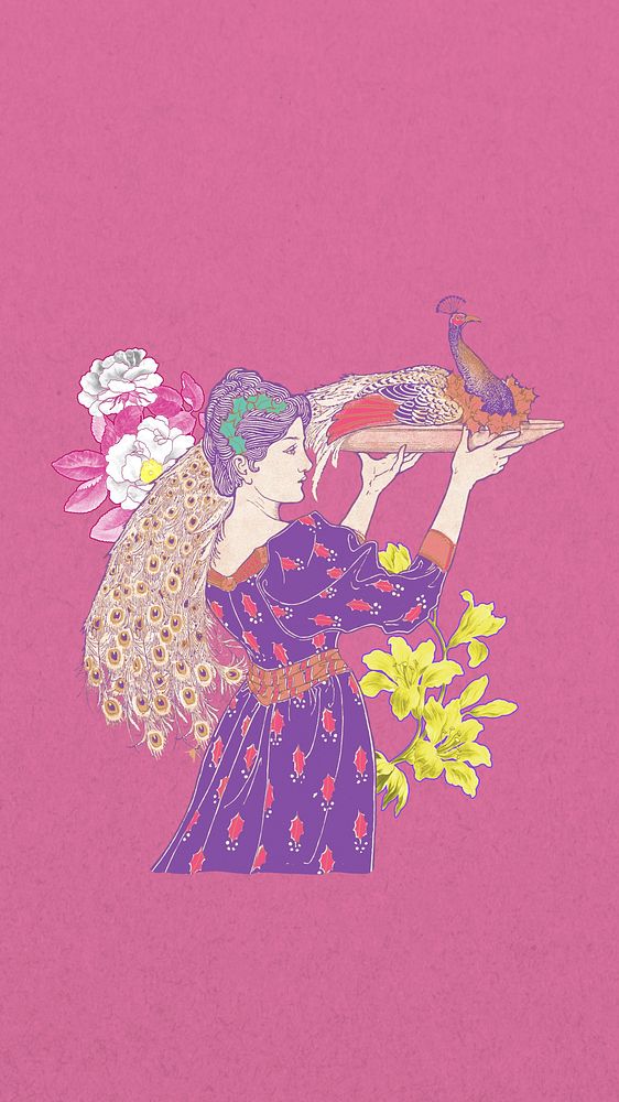 Woman carrying peacock phone wallpaper, vintage pink background, remixed from the artwork of Louis Rhead