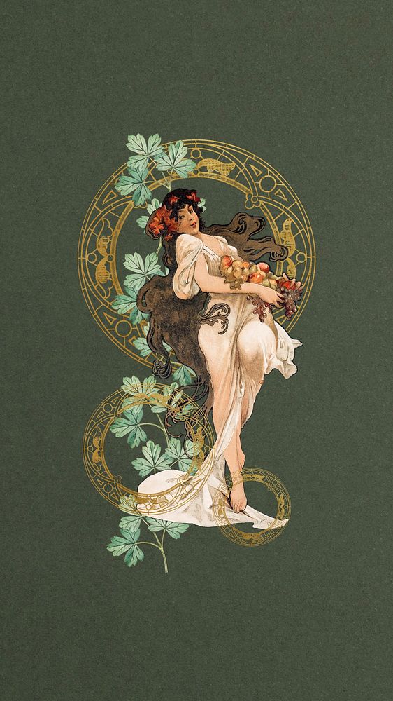 Vintage floral woman phone wallpaper, remixed from the artwork of Alphonse Mucha