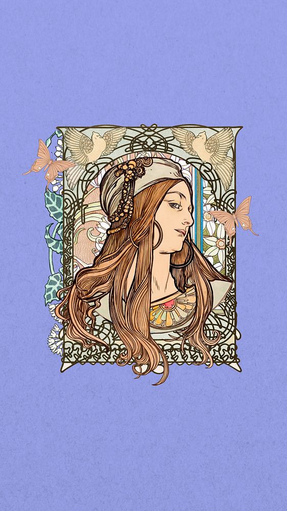 Art nouveau lady mobile wallpaper, Alphonse Mucha's vintage artwork, remixed by rawpixel