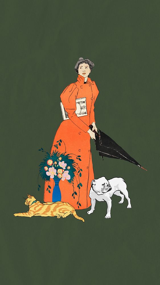 Woman holding umbrella iPhone wallpaper, Edward Penfield-inspired vintage artwork, remixed by rawpixel