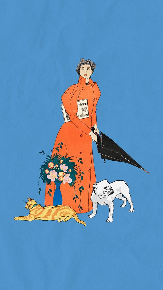 Woman holding umbrella iPhone wallpaper, Edward Penfield-inspired vintage artwork, remixed by rawpixel