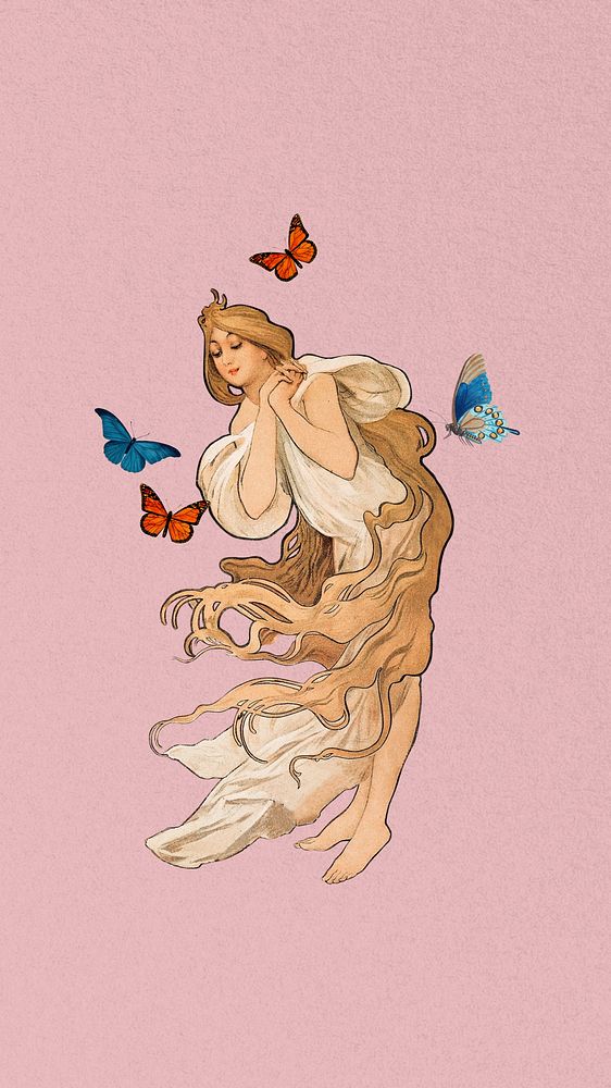 Vintage butterfly woman mobile wallpaper, pink background, remixed from the artwork of Alphonse Mucha