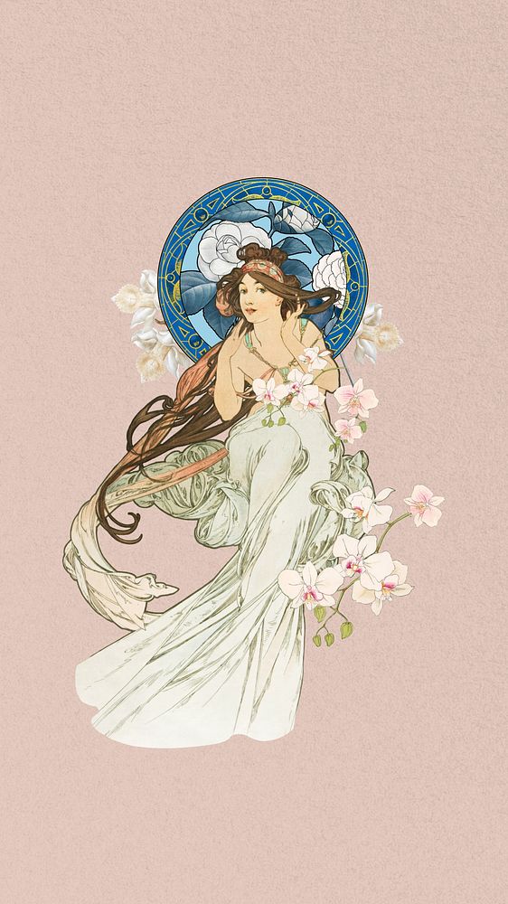 Vintage flower goddess mobile wallpaper, art nouveau background, remixed from the artwork of Alphonse Mucha