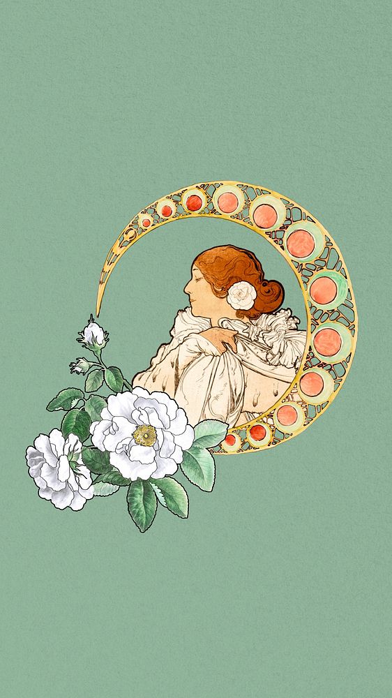 Art nouveau lady iPhone wallpaper, green floral background, remixed by rawpixel