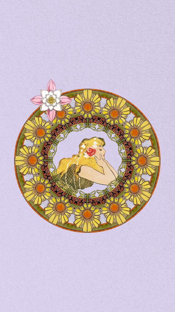 Alphonse Mucha's lady iPhone wallpaper, ornament, art nouveau illustration, remixed by rawpixel