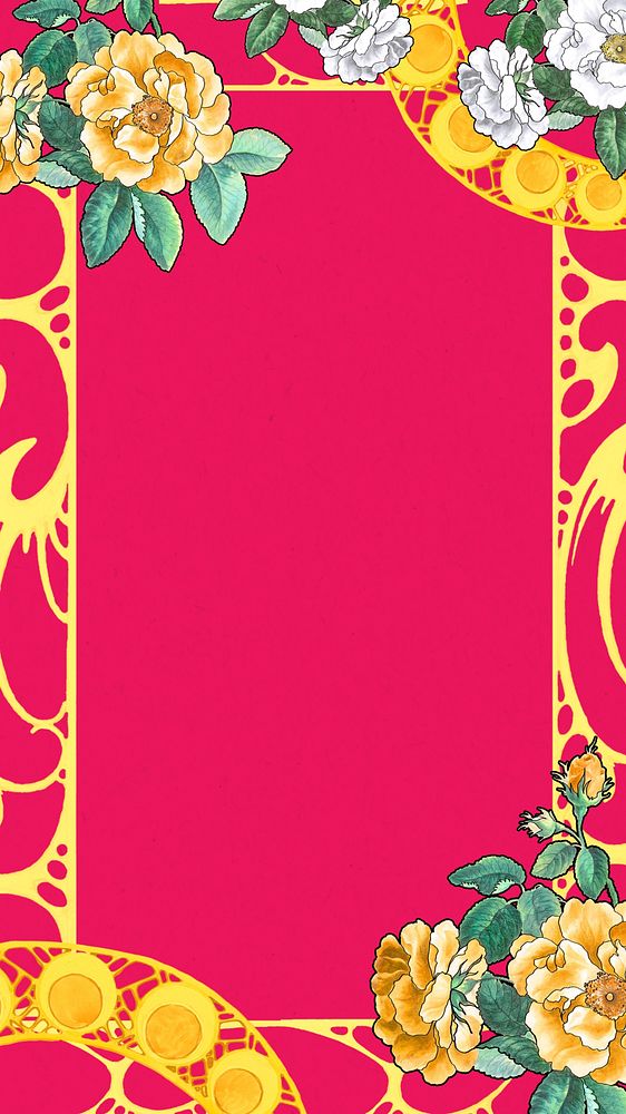 Vintage Spring frame phone wallpaper, pink botanical background, remixed by rawpixel