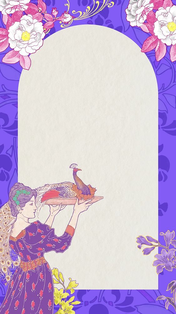 Woman carrying peacock phone wallpaper, vintage arch frame, remixed from the artwork of Louis Rhead
