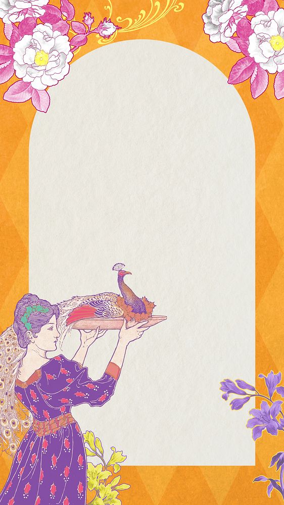 Orange floral frame phone wallpaper, vintage botanical illustration, remixed from the artwork  of Louis Rhead