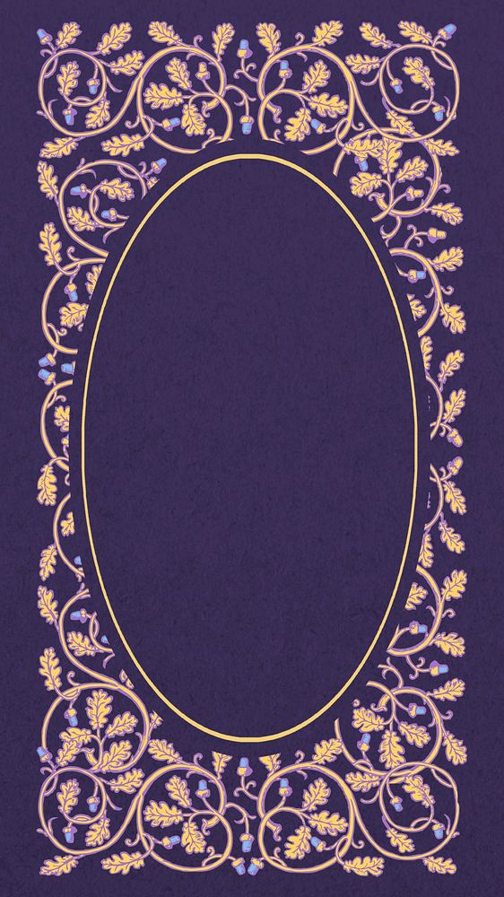 Vintage botanical frame phone wallpaper, purple ornate background, remixed by rawpixel