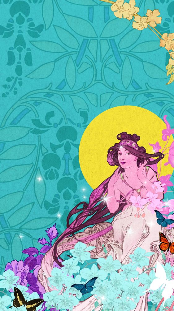 Vintage flower goddess mobile wallpaper, art nouveau background, remixed from the artwork of Alphonse Mucha
