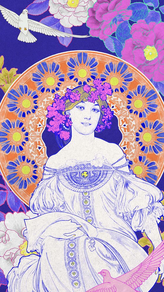 Flower crowned woman mobile wallpaper, vintage art nouveau background, remixed from the artwork of Alphonse Mucha