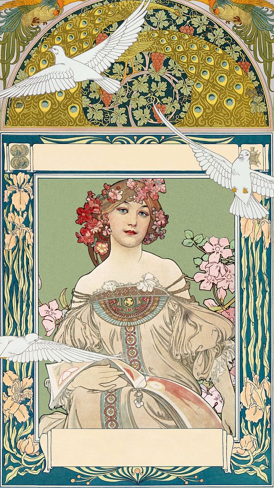 Flower crowned woman mobile wallpaper, vintage art nouveau background, remixed from the artwork of Alphonse Mucha