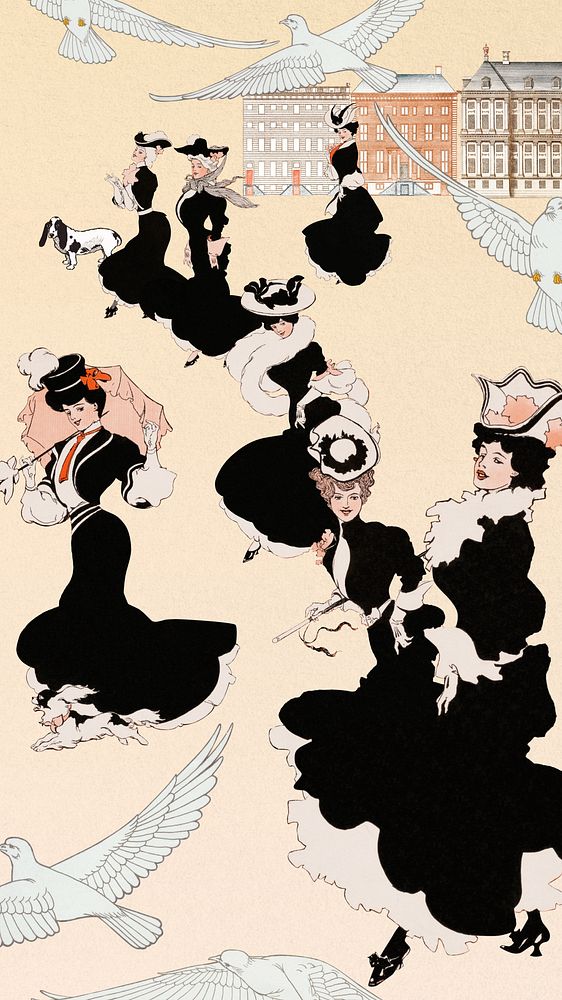 Victorian women strolling phone wallpaper, vintage illustration, remixed by rawpixel