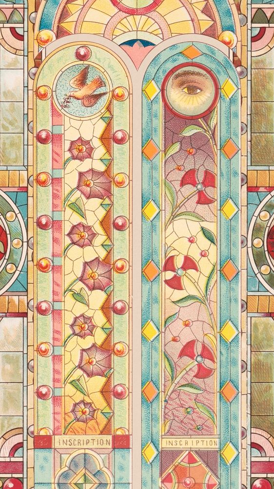 Aesthetic Art Nouveau iPhone wallpaper, church's stained glass design, remixed by rawpixel