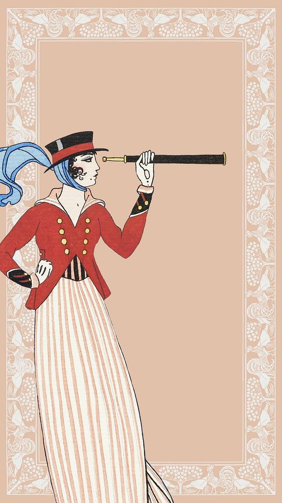 Victorian woman adventurer mobile wallpaper, pastel pink frame background, remixed from the artwork of George Barbier
