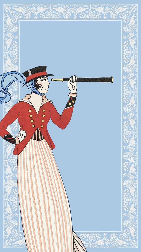 Victorian woman adventurer mobile wallpaper, pastel blue frame background, remixed from the artwork of George Barbier