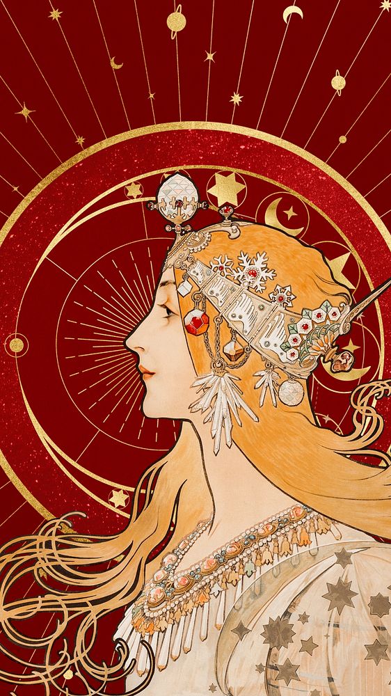 Alphonse Mucha's Zodiac iPhone wallpaper, vintage woman background, remixed by rawpixel