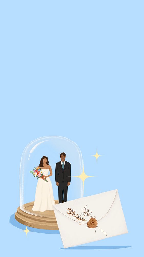 Wedding invitation iPhone wallpaper, blue bride and groom background