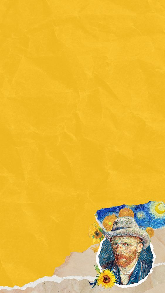 Van Gogh's self-portrait phone wallpaper, wrinkled yellow paper texture design, remixed by rawpixel