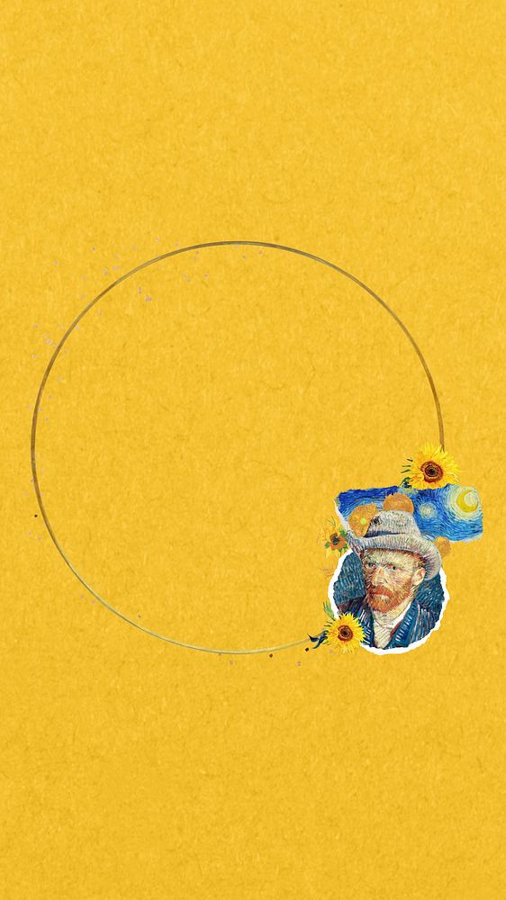 Van Gogh's self-portrait mobile wallpaper, round gold frame collage design, remixed by rawpixel