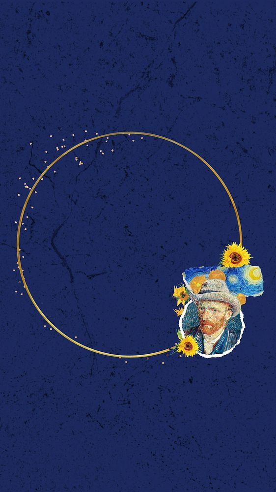 Van Gogh's self-portrait phone wallpaper, round gold frame collage design, remixed by rawpixel