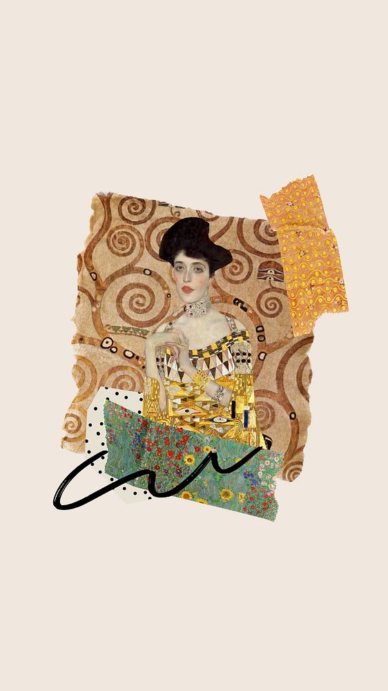 Gustav Klimt's painting iPhone wallpaper, Portrait of Adele Bloch-Bauer I collage design, remixed by rawpixel
