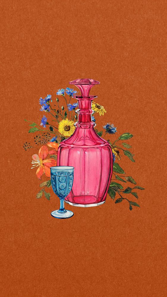 Floral pink bottle mobile wallpaper. Vintage art remixed by rawpixel.