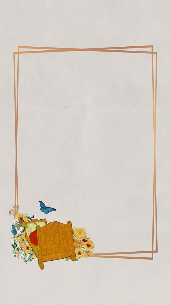 Gold frame beige mobile wallpaper, Van Gogh's bed & Sunflowers design, remixed by rawpixel