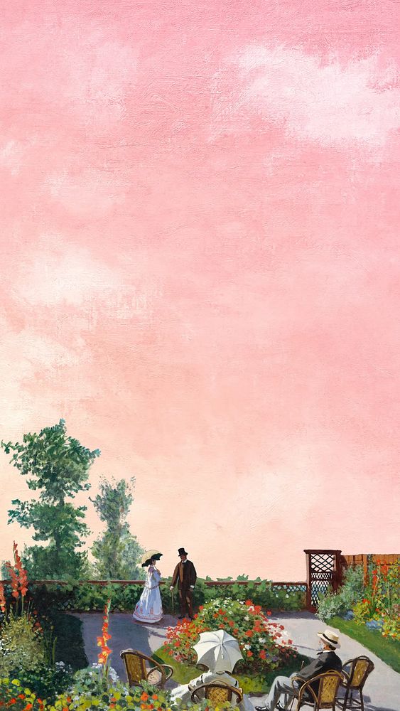 Monet's Sainte-Adresse pink mobile wallpaper. Famous art remixed by rawpixel.