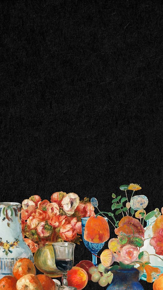 Famous painting black mobile wallpaper, vintage flower border design, remixed by rawpixel