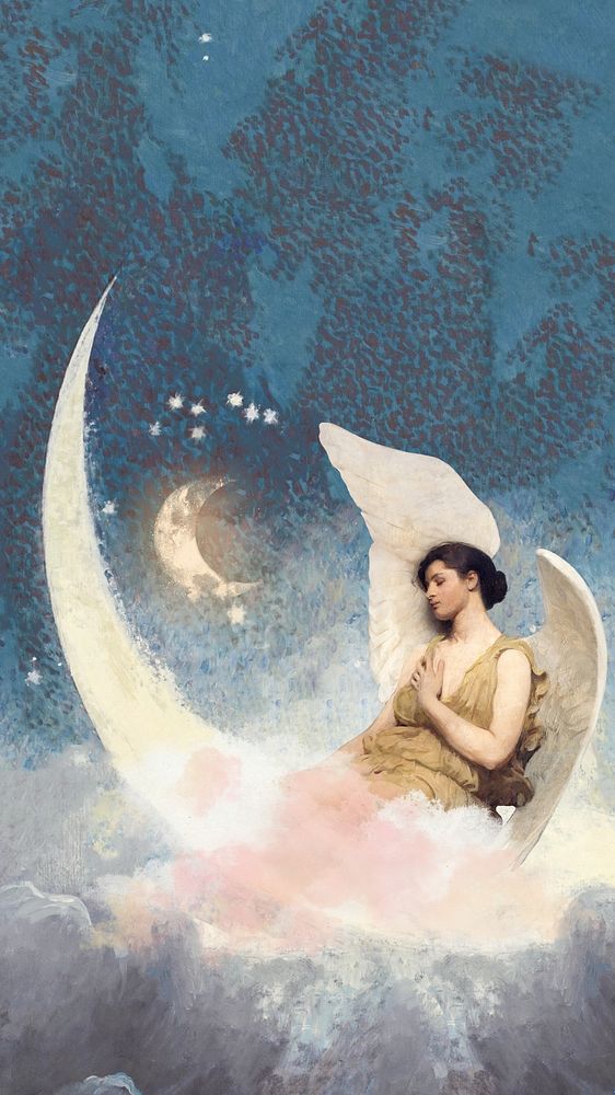 Aesthetic vintage angel phone wallpaper, crescent moon night sky design, remixed by rawpixel