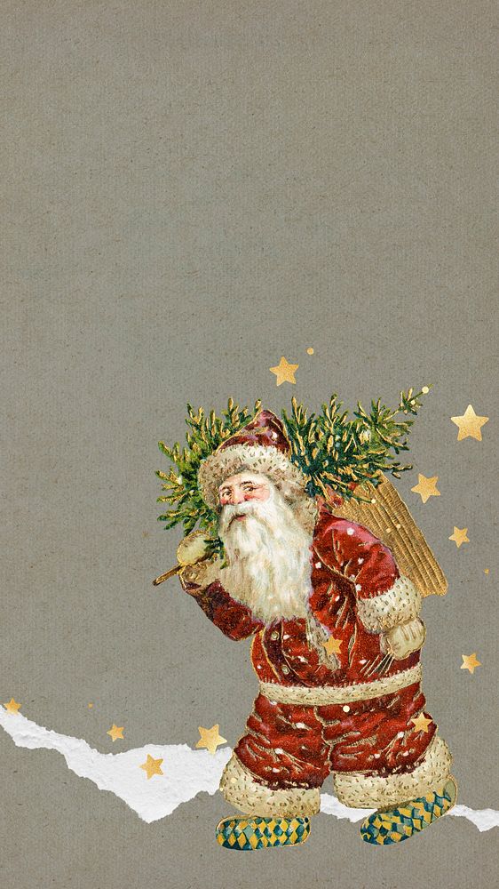 Festive Santa Claus phone wallpaper, ripped paper textured background