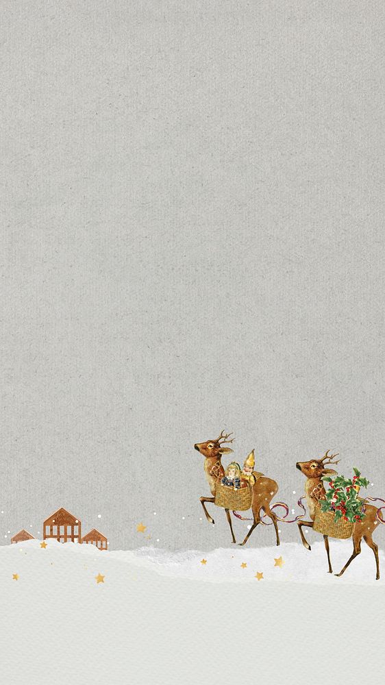 Christmas reindeers aesthetic mobile wallpaper, gray paper textured background
