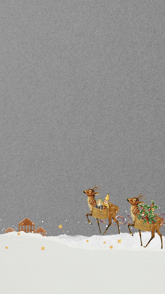 Christmas reindeers aesthetic mobile wallpaper, gray paper textured background