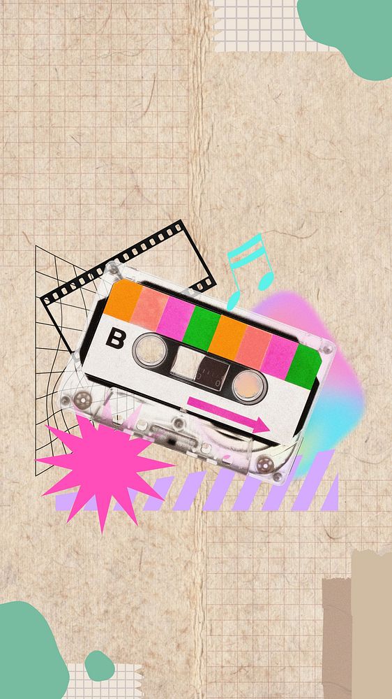 Colorful cassette tape iPhone wallpaper, music collage