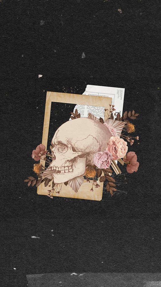 Aesthetic floral skull phone wallpaper, collage remix design