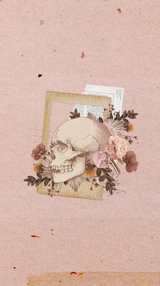 Floral skull mobile wallpaper, collage remix design