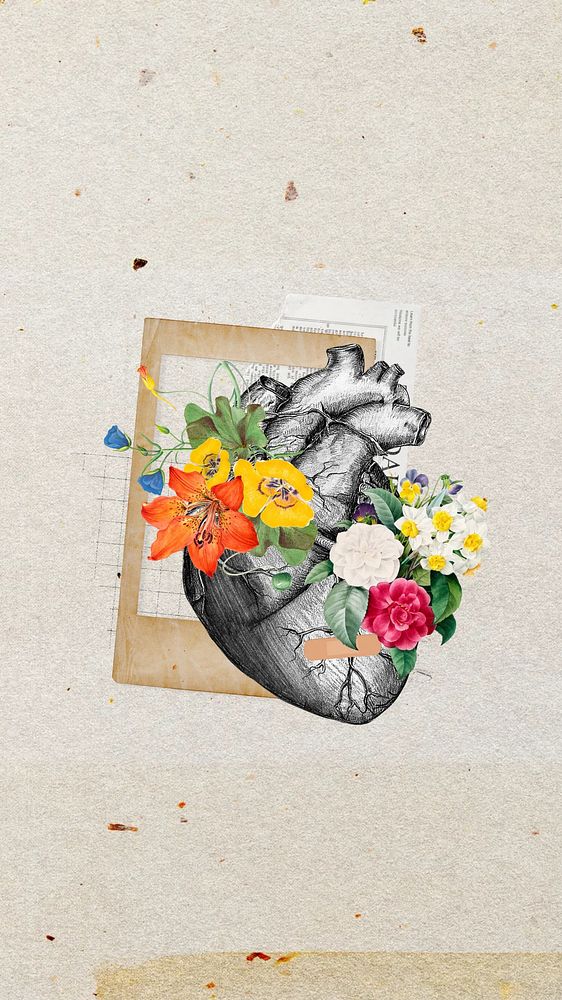 Aesthetic floral heart phone wallpaper, collage remix design