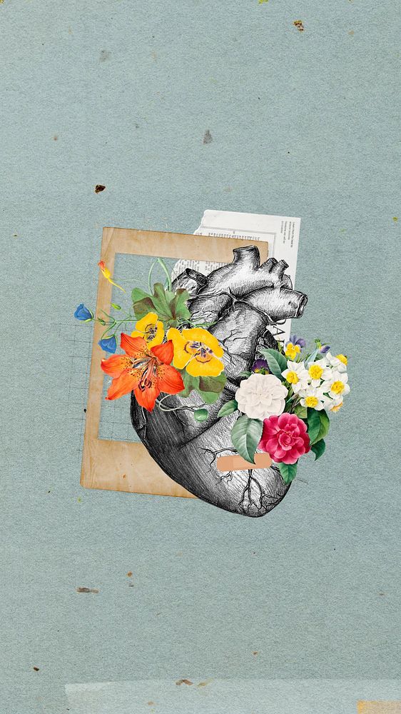 Floral heart mobile wallpaper, collage remix design