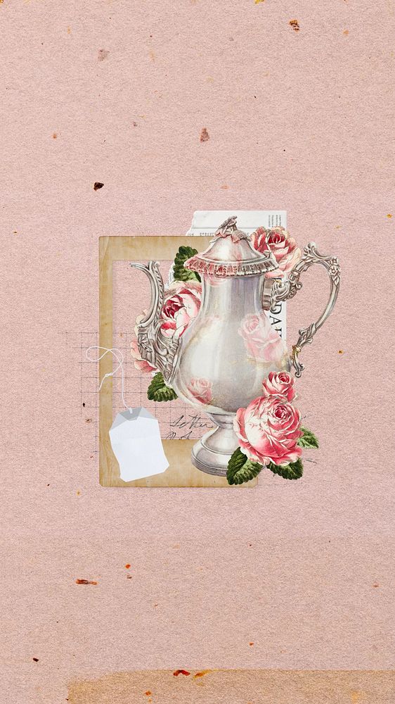 Floral teapot mobile wallpaper, collage remix design