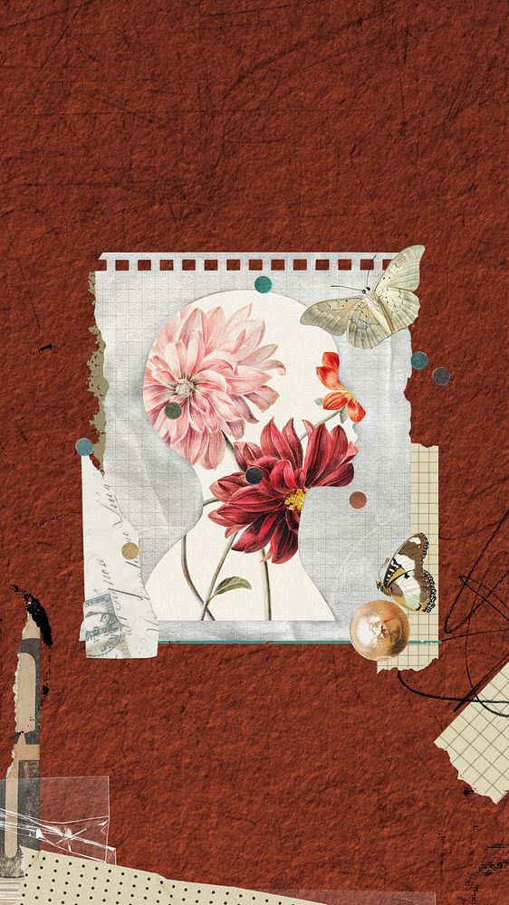 Aesthetic dahlia flower mobile wallpaper, paper collage background