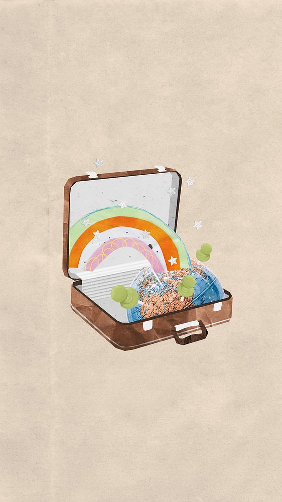 Aesthetic rainbow luggage iPhone wallpaper, travel collage