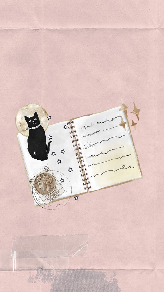 Cat journal aesthetic mobile wallpaper, paper collage background