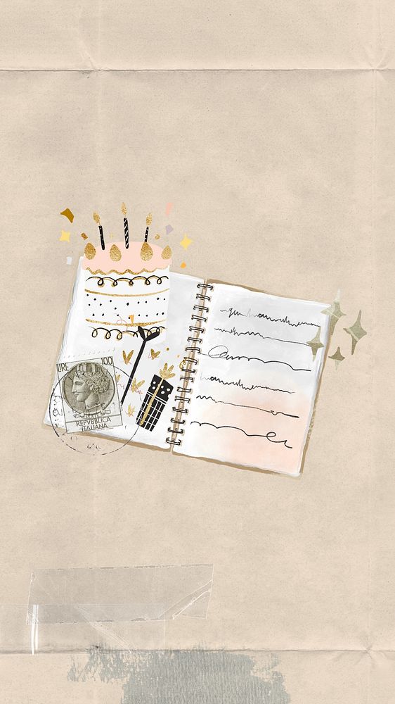 Birthday journal aesthetic mobile wallpaper, paper collage background